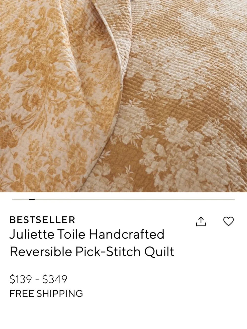 Pottery Barn Juliette Toile Reversible Pick Stitch Quilt